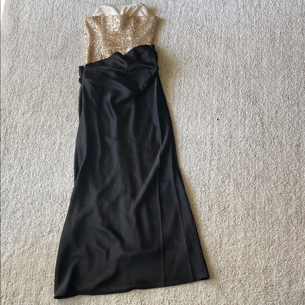 Betsy & Adam Gold Sequin Black Strapless Corset Gathered Draped Maxi Dress - Picture 10 of 13